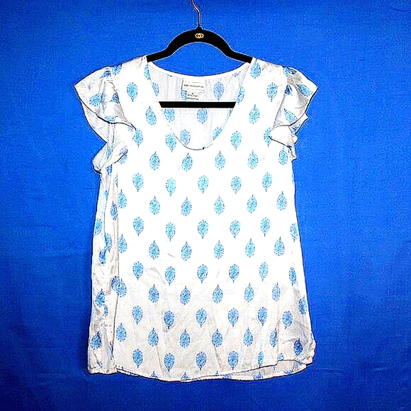Liz Claiborne Printed Ruffle Sleeve Blouse - Women's Size S - White & Blue - Picture 1 of 5